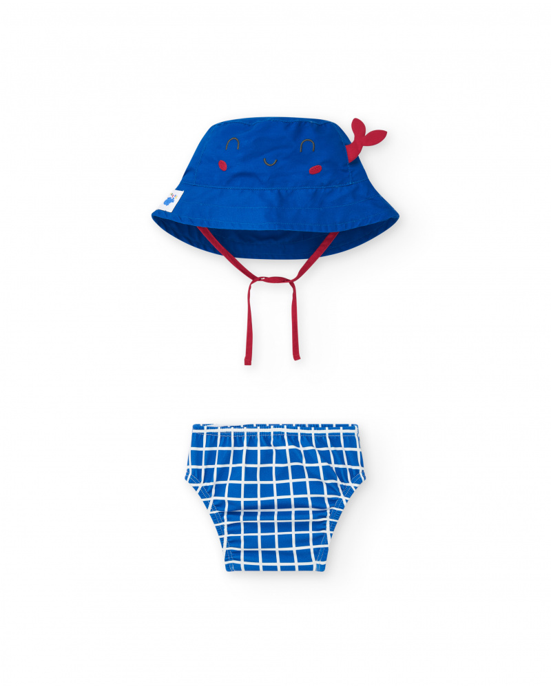 Conjunto para niño con gorro azul bordado y culetín de cuadros