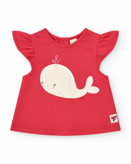 Conjunto para niña con camiseta roja de ballena y pantalón