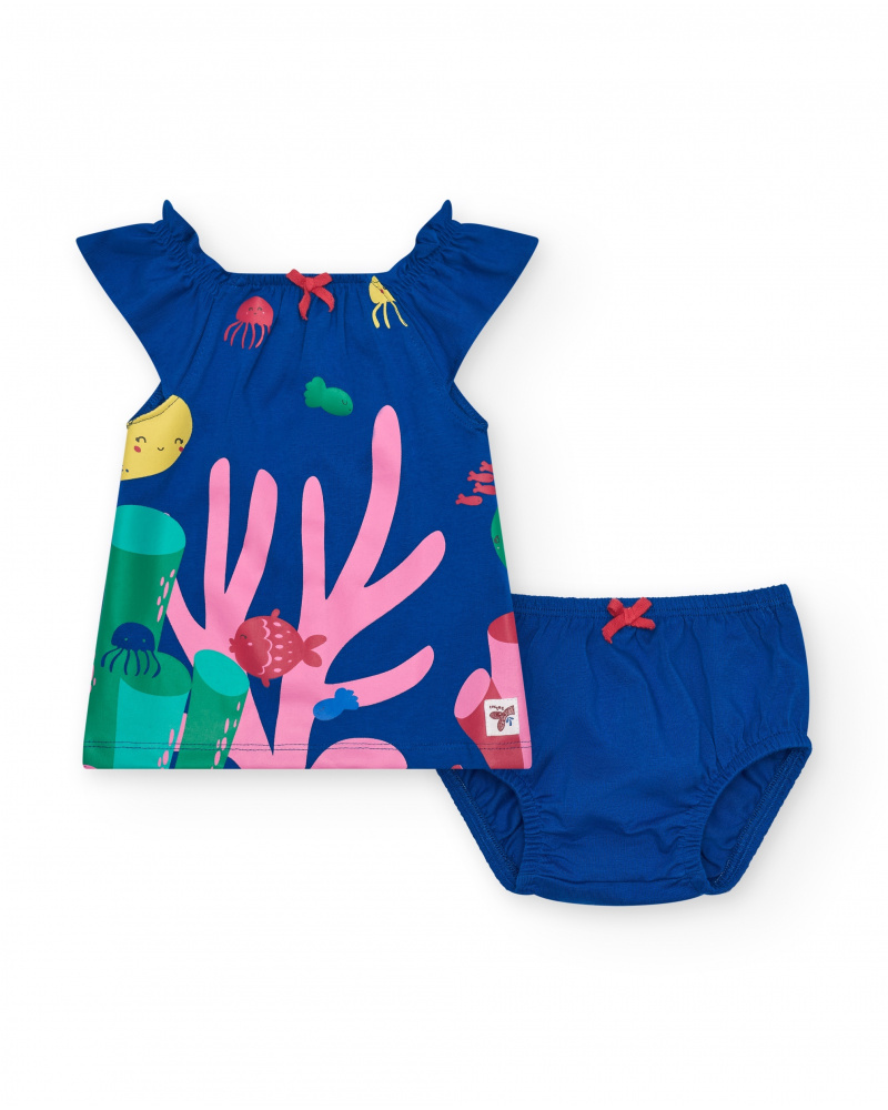 Vestido azul de punto para niña con estampado marino y coral