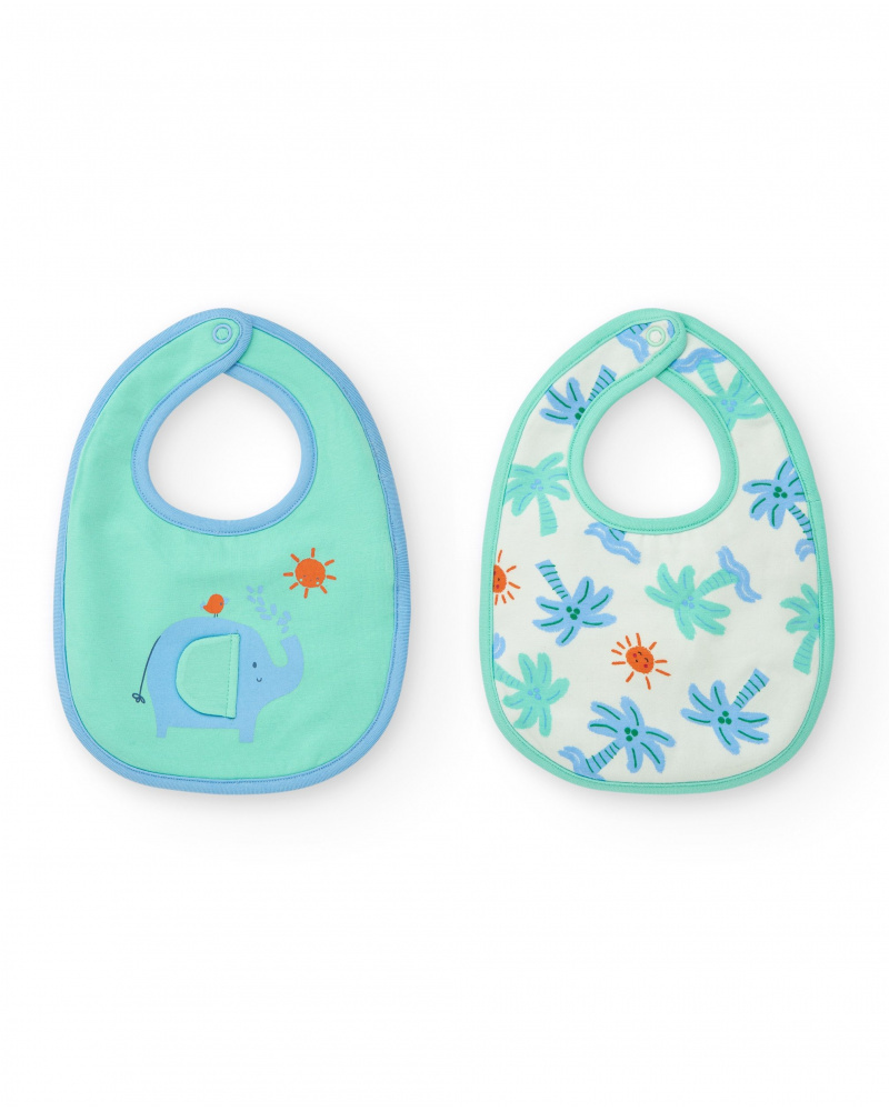 Pack de dos baberos para niño, uno verde con elefante y otro