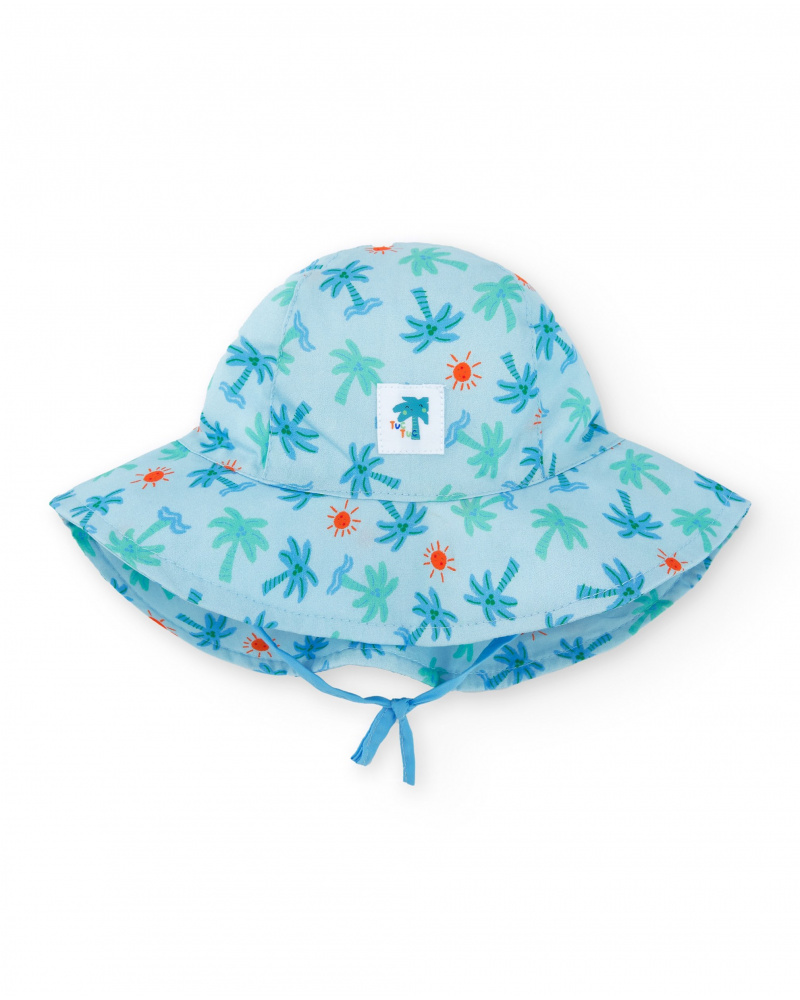 Gorro de plana para niño azul con estampado de palmeras, olas y