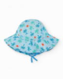Gorro de plana para niño azul con estampado de palmeras, olas y