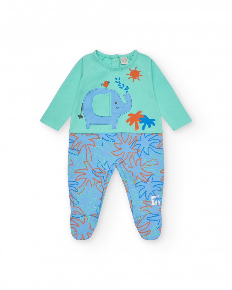 Pelele verde para niño con estampado de palmeras, elefante y sol