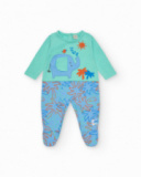 Pelele verde para niño con estampado de palmeras, elefante y sol