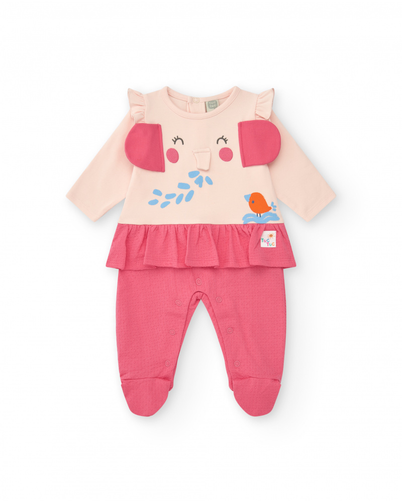 Pelele rosa y crema para niña con elefante en relieve y volante