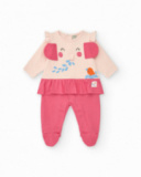 Pelele rosa y crema para niña con elefante en relieve y volante