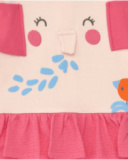 Pelele rosa y crema para niña con elefante en relieve y volante