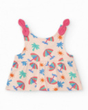 Conjunto crema para niña con blusa de paraguas y shorts rosa