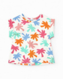 Ensemble blanc et corail pour fille avec t-shirt de feuilles tropicales et shorts froncés