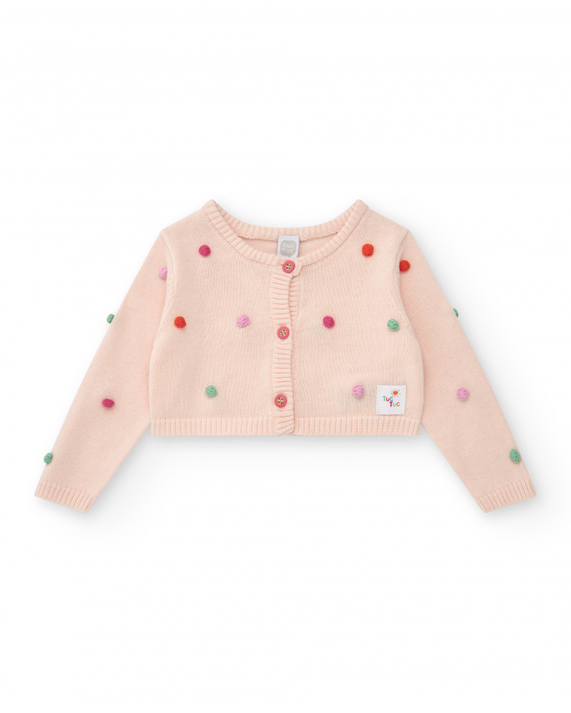 Veste rose en tricot pour fille avec pompons multicolores et boutons frontaux