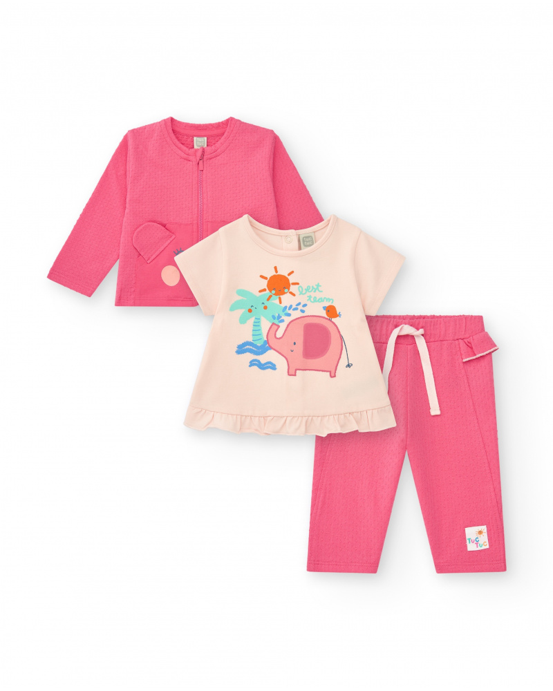 Ensemble crème et rose pour fille avec t-shirt d'éléphant, pantalon long et veste