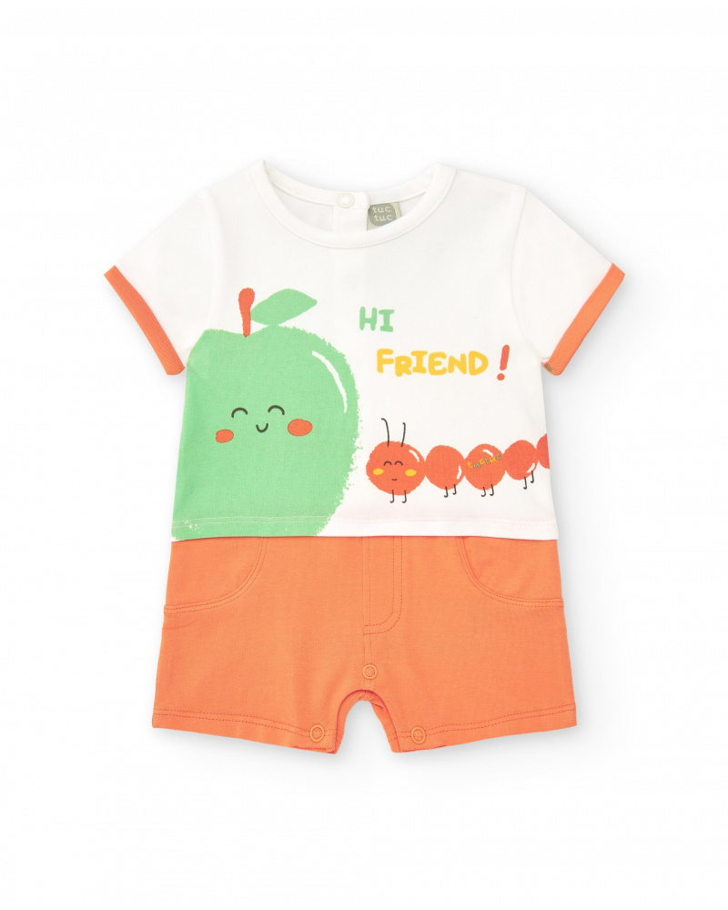 Combinaison en tricot pour garçon blanche et orange avec imprimé de pomme et message "Hi Friend!"