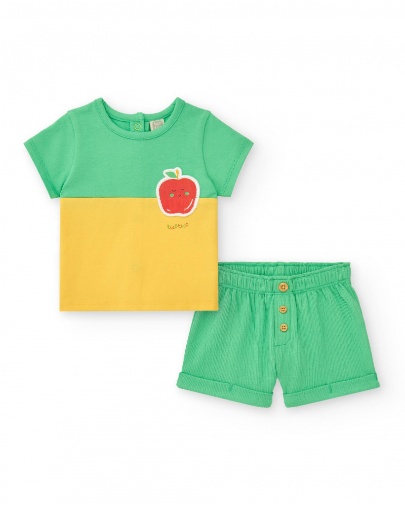 Ensemble pour garçon en vert et jaune avec t-shirt brodé de pomme et pantalon court