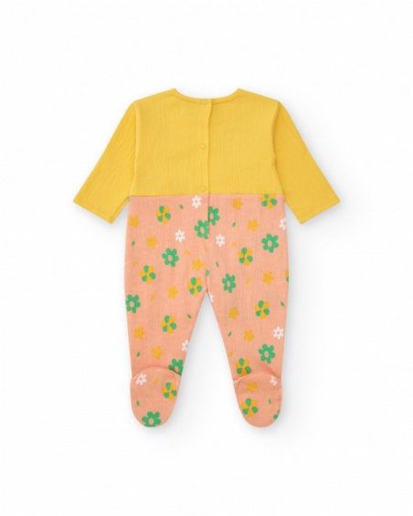 Combinaison jaune pour fille avec pomme brodée et partie rose à imprimé floral