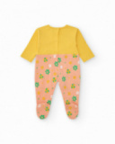 Combinaison jaune pour fille avec pomme brodée et partie rose à imprimé floral