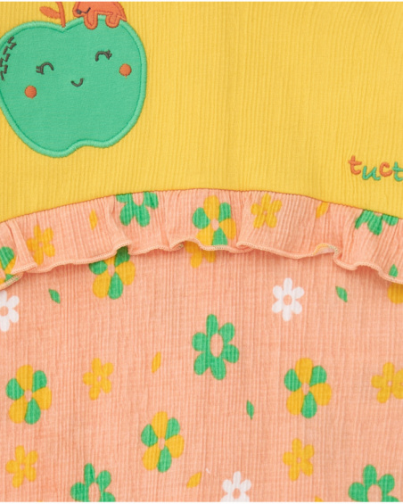 Combinaison jaune pour fille avec pomme brodée et partie rose à imprimé floral