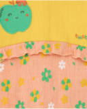 Combinaison jaune pour fille avec pomme brodée et partie rose à imprimé floral