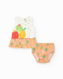 Ensemble pour fille avec blouse saumon et culotte jaune avec broderies