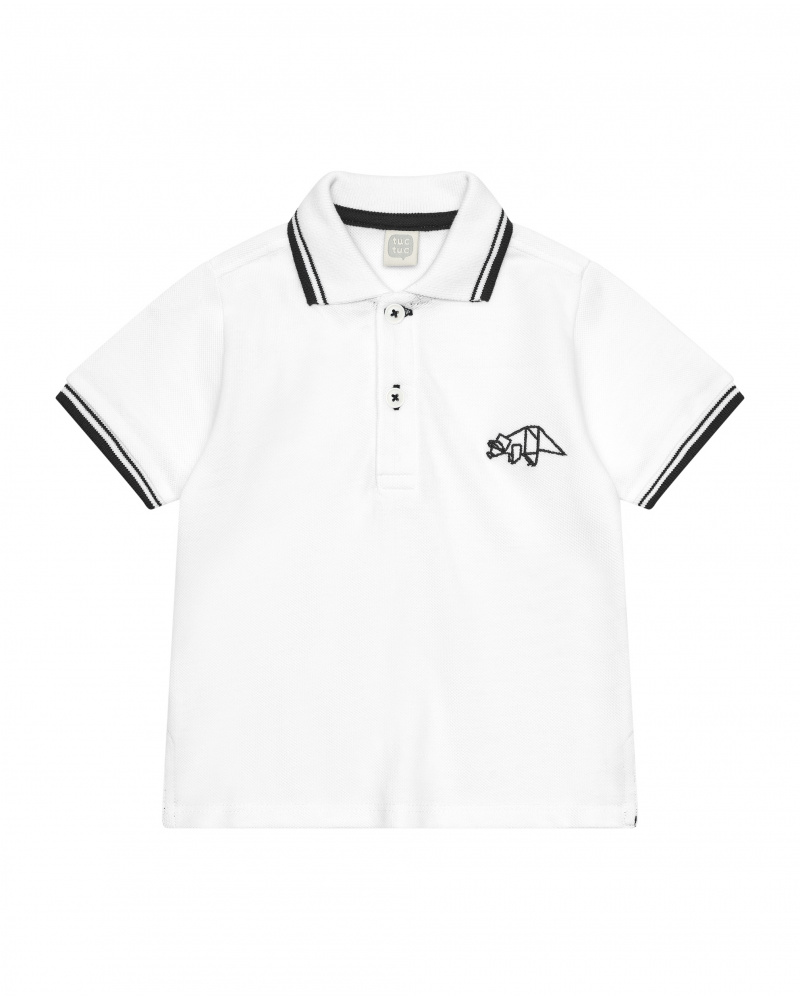 Polo blanc pour garçon avec bordures noires et broderie de dinosaure