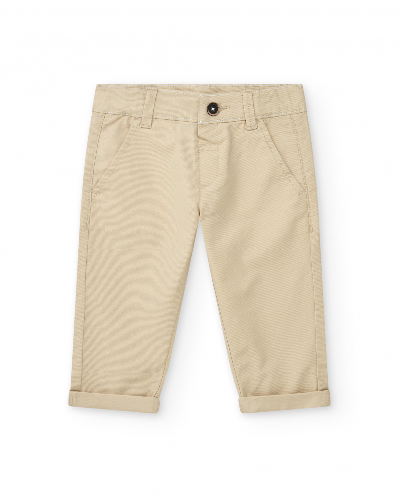 Pantalon long beige pour garçon avec poches et ourlet retroussé