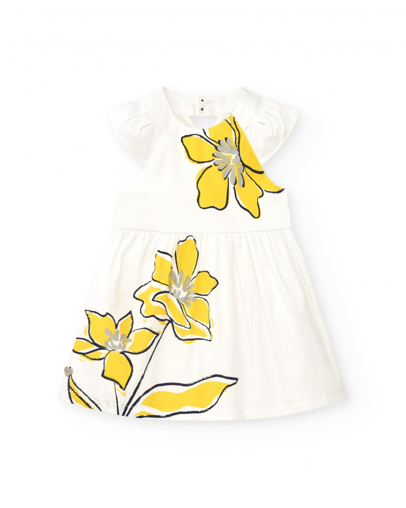 Robe blanche pour fille avec imprimé floral jaune et volants