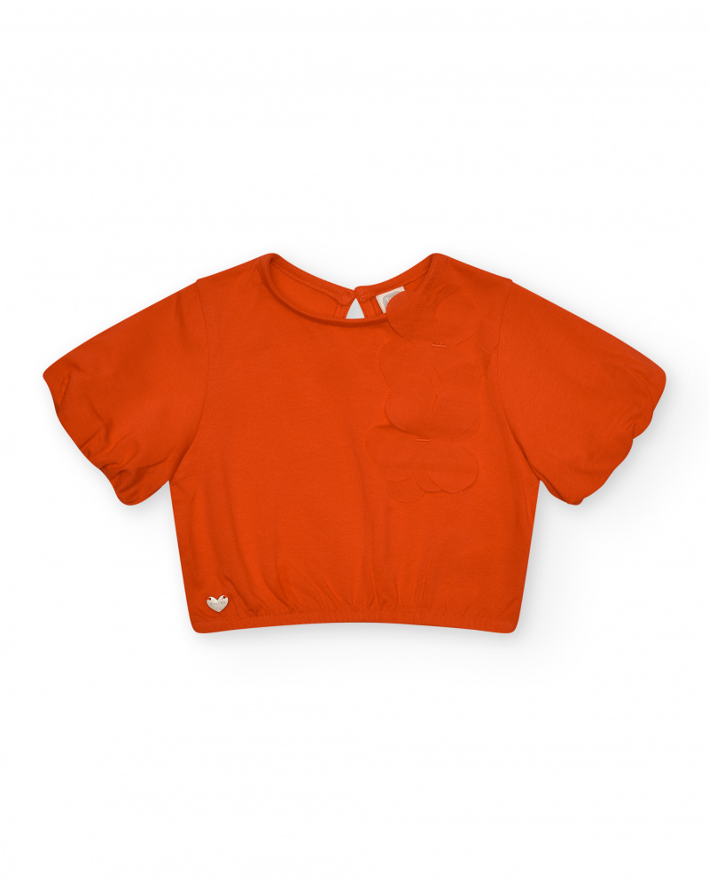 T-shirt orange pour fille avec fleur et manches bouffantes