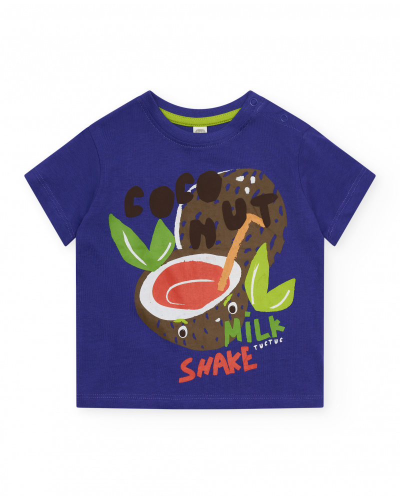 T-shirt bleu pour garçon avec noix de coco et texte "Coconut Milk Shake"