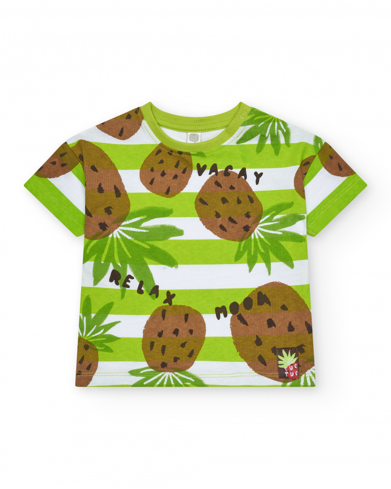 T-shirt vert pour garçon avec rayures et imprimé tropical