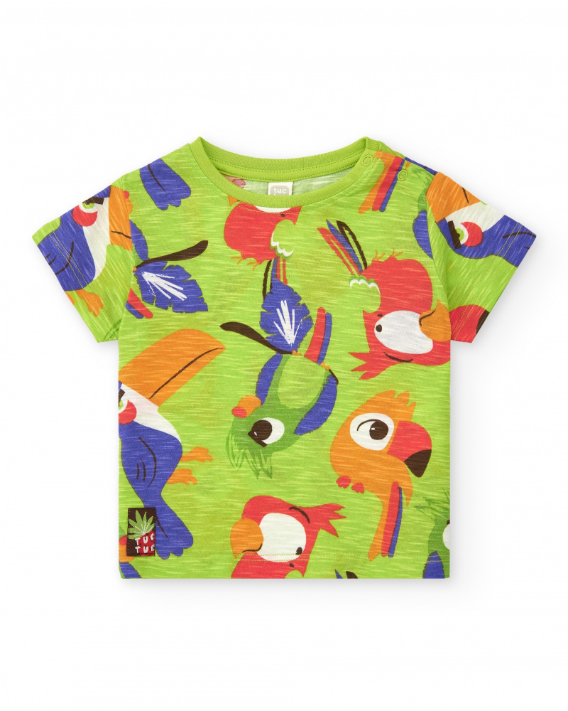 T-shirt vert pour garçon avec perroquets multicolores