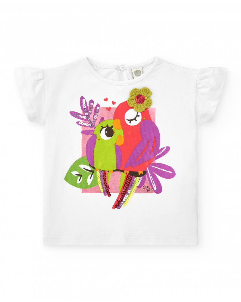 T-shirt blanc pour fille avec perroquets brodés et paillettes