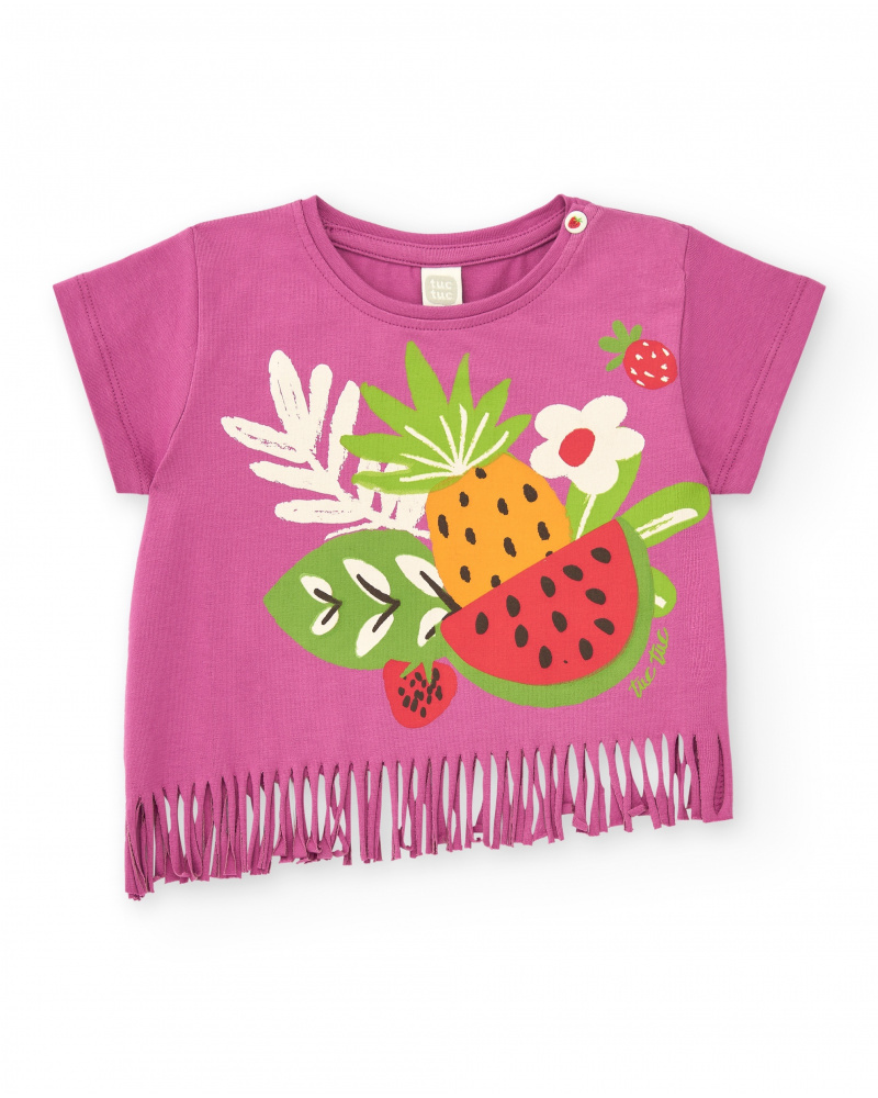 T-shirt lilas pour fille avec franges et imprimé de fruits