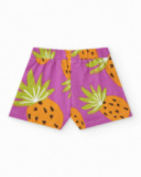 Short tropical pour fille en violet et orange avec fruits Short tropical pour fille en violet et orange avec fruits