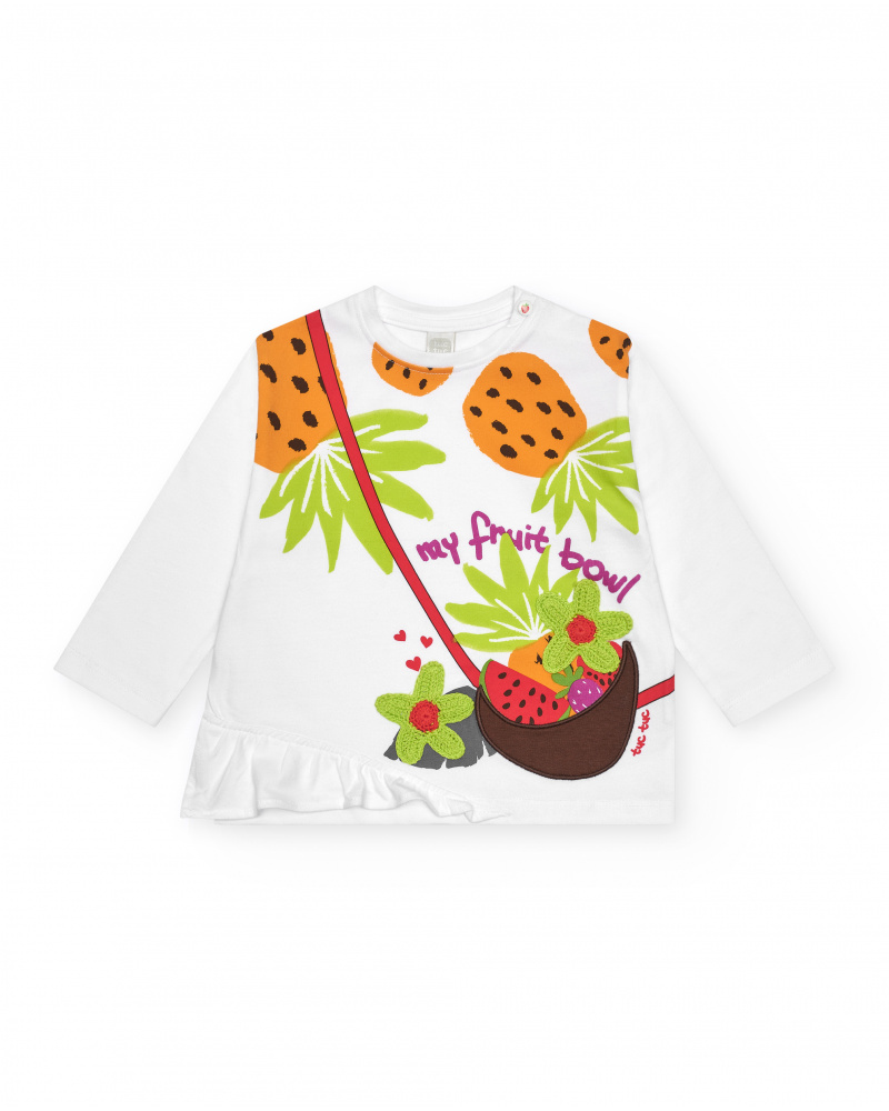 T-shirt blanc à manches longues pour fille avec fruits brodés et volant
