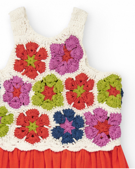Robe rouge pour fille avec jupe en toile et haut en crochet floral