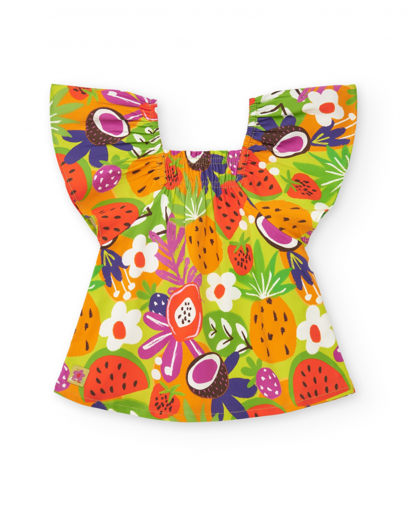 Robe verte pour fille avec imprimé tropical et manches à volants