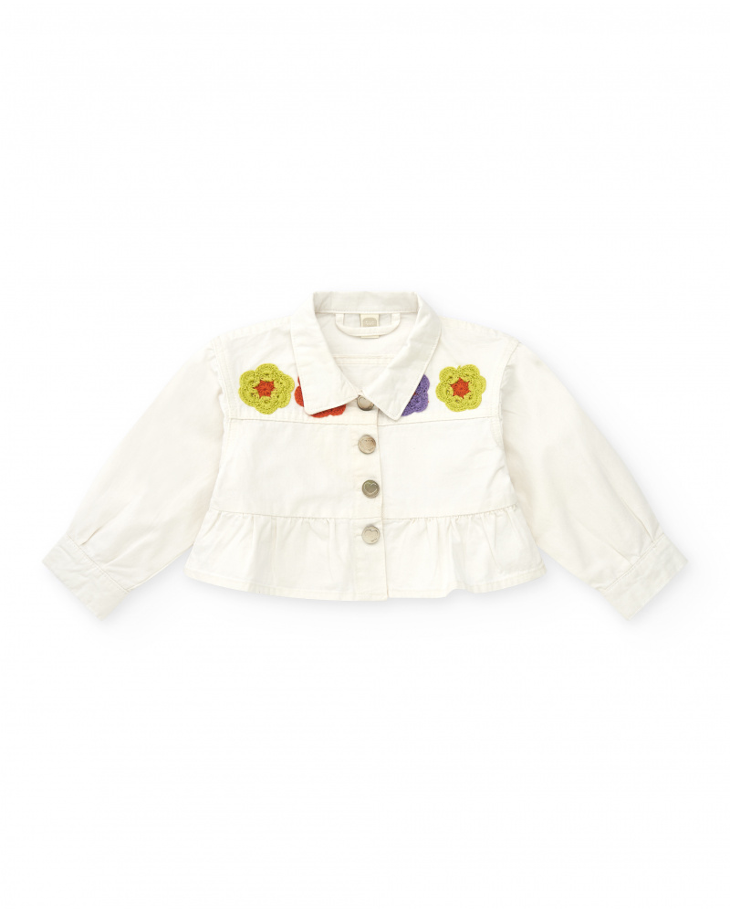 Veste blanche en toile pour fille avec boutons et volant inférieur