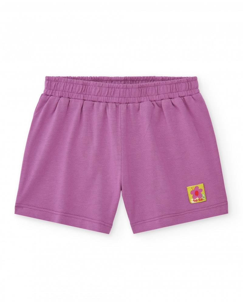 Short lilas pour fille avec taille élastique et broderie florale