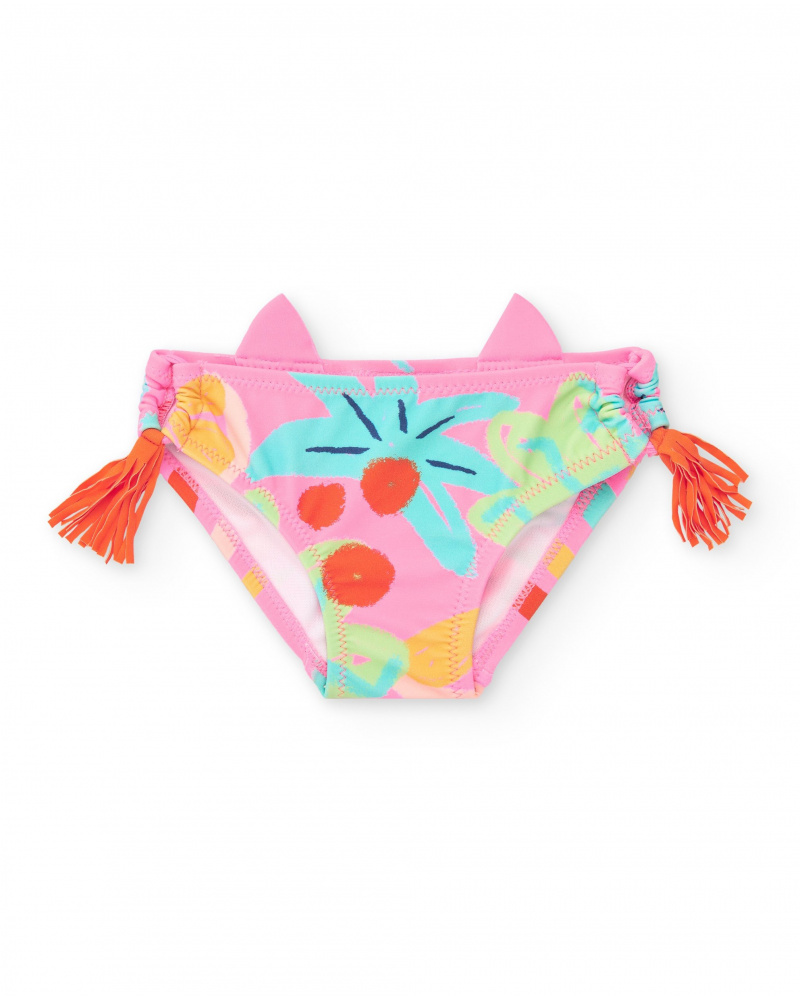 Slip de bain rose pour fille avec oreilles en relief et pompons latéraux