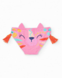 Slip de bain rose pour fille avec oreilles en relief et pompons latéraux Slip de bain rose pour fille avec oreilles en relief et pompons latéraux