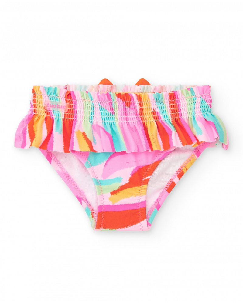 Slip de bain rose pour fille avec imprimé multicolore et volants