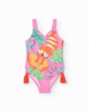 Maillot de bain rose pour fille avec imprimé tropical et pompons latéraux