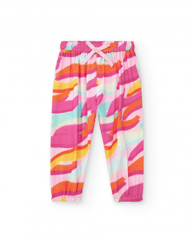 Pantalon rose en toile pour fille avec imprimé tropical et nœud
