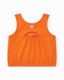 T-shirt orange sans manches pour fille avec visage de chat et détails métalliques
