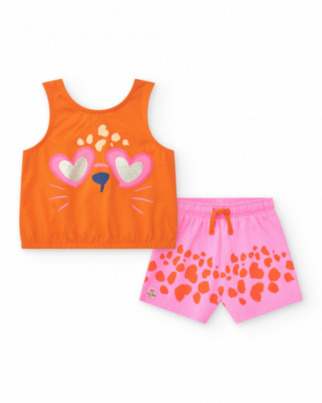 Ensemble pour fille avec t-shirt orange d’animal et short rose tacheté