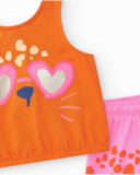 Ensemble pour fille avec t-shirt orange d’animal et short rose tacheté