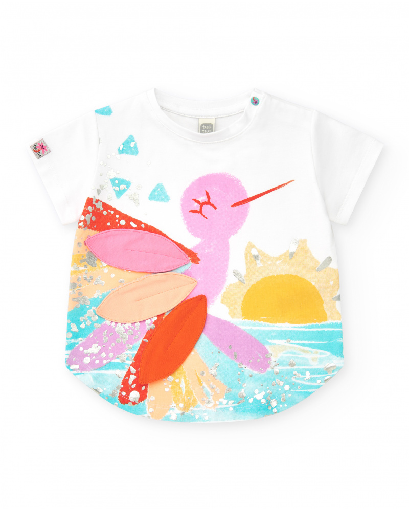 T-shirt blanc pour fille avec oiseau multicolore et détails en tissu