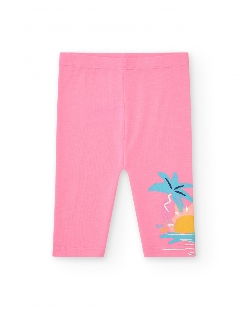 Legging corsaire rose pour fille avec palmiers et soleil sur le côté