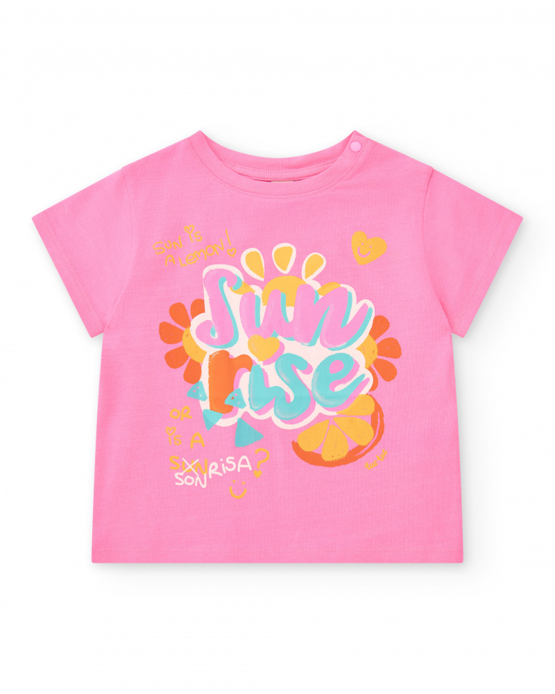 T-shirt rose pour fille avec phrases et détails décoratifs