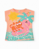 T-shirt orange pour fille avec tigre, flamant rose et détails tropicaux