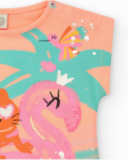 T-shirt orange pour fille avec tigre, flamant rose et détails tropicaux